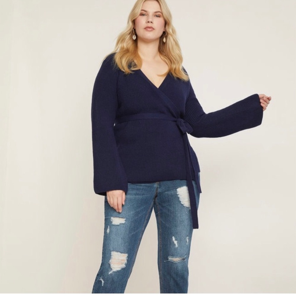 Eloquii Navy Ribbed Wrap Sweater with bell sleeves
